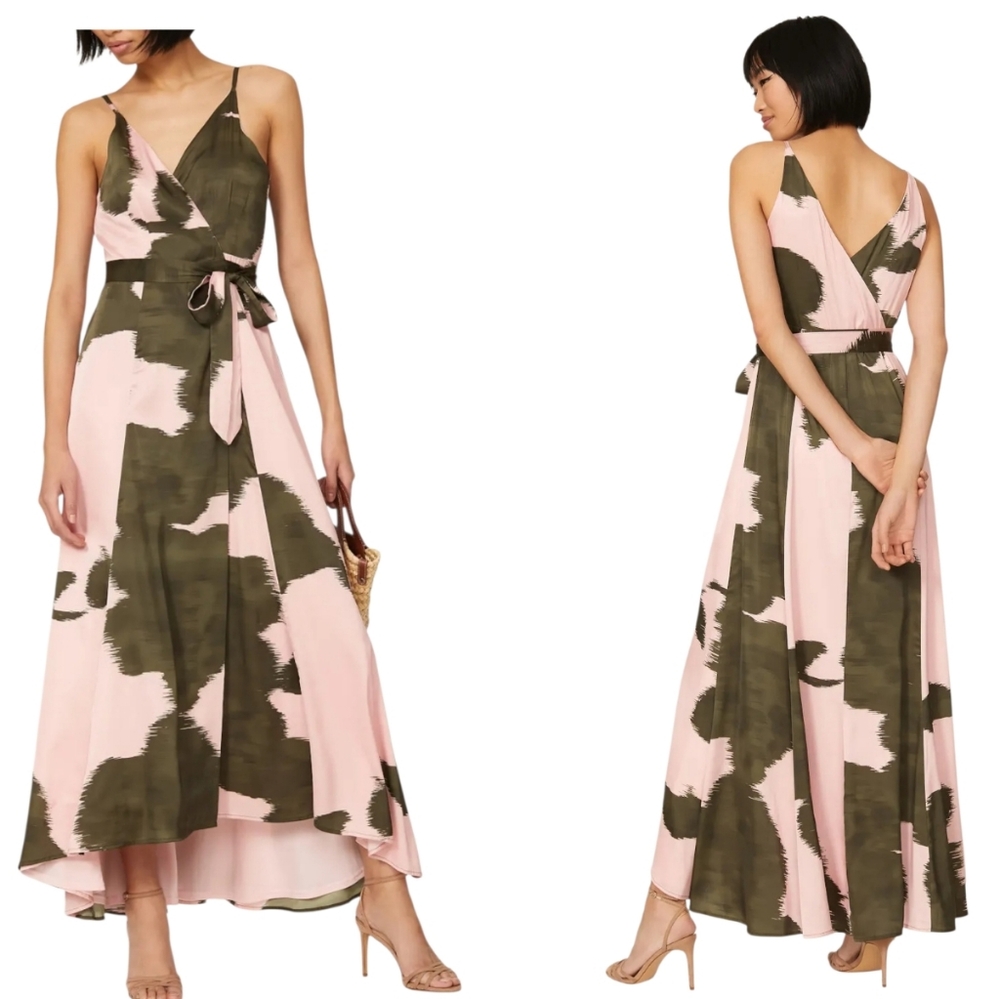 $395 Hutch Leah Wrap Maxi Dress Pink Olive Abstract Anthropologie M NWT